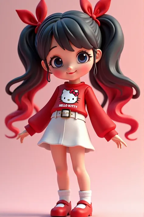 Image of a 3D anime with red and black hair with Maria Chiquinha and two red ribbons in her hair she has a cute face she is snow-white she wears a red blouse with the image of Hello Kitty she wears a short white skirt and has white belts and a pair of sock...