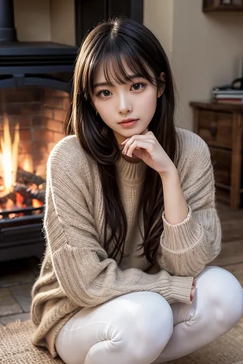  like an idol , long hair , straight hair, Round face , bust up , "  generating detailed images of a cozy woman ,   oversized sweater and leggings  ,  in a rustic cabin setting  .  Relaxing by the fireplace  ,   Her pose reflects relaxed and contented  .  ...