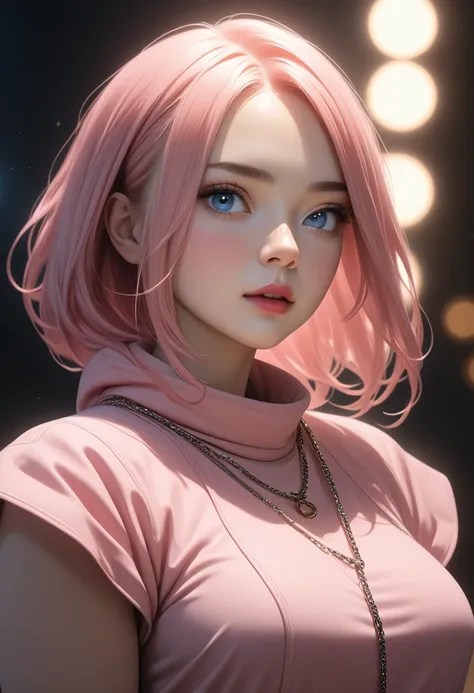 best quality, masterpiece, high resolution, Girl, pink hair, blue eyes, fashionable clothes, thin chain, Beautiful face, perfect breasts, more_body, Tyndall effect, realistic, dark studio, side lighting, two-color lighting, (HD Skin:1.2), 8k Ultra HD, soft...