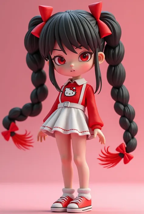 Image of an adult 3D anime with red and black hair with Maria Chiquinha and two red ribbons in her hair she has a fluffy face she is snow-white she wears a red blouse with the image of Hello Kitty she wears a short white skirt and has white belts and she w...