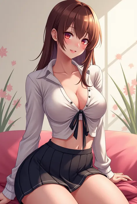 (anime) 28 year old woman,  big breasts, slender. dressed as a sexy schoolgirl with barely any clothes,brown hair
