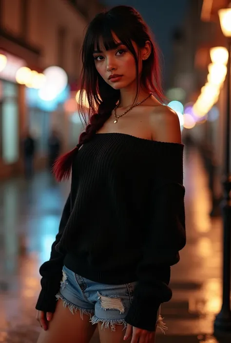 photorealism, beautiful young Venezuelan woman standing femininely in city street on night after rain, perfect face, wide eyes, thick_eyeliner, straight black hair with bangs and red highlights, hair in one braid over shoulder, black eyes, large bust, flir...