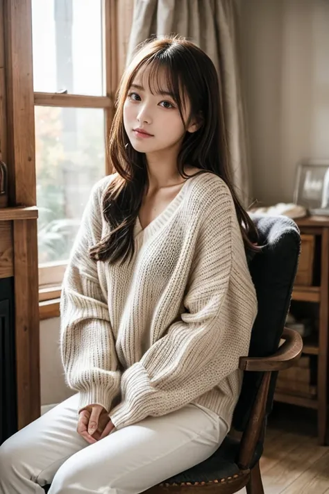  like an idol , long hair , straight hair, Round face , bust up , .    in a cozy country cottage decorated in soft fall hues ,  A Korean woman is sitting in an old armchair ,  full of natural light shining through a nearby window .  Her wavy, dark brown ha...