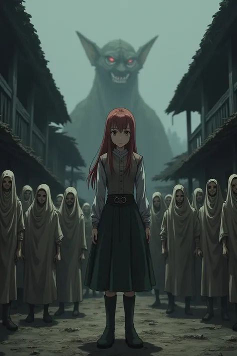  Asuna Yuuki standing motionless in the middle of the village square,  people full of dirt , lifeless eyes ,  around are curious and mocking villagers ,  with the laughing goblin in the back 