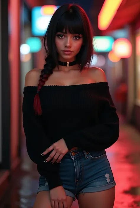 photorealism, beautiful young Venezuelan woman standing femininely in city street on night after rain, perfect face, wide eyes, thick_eyeliner, straight black hair with bangs and red highlights, hair in one braid over shoulder, black eyes, large bust, flir...