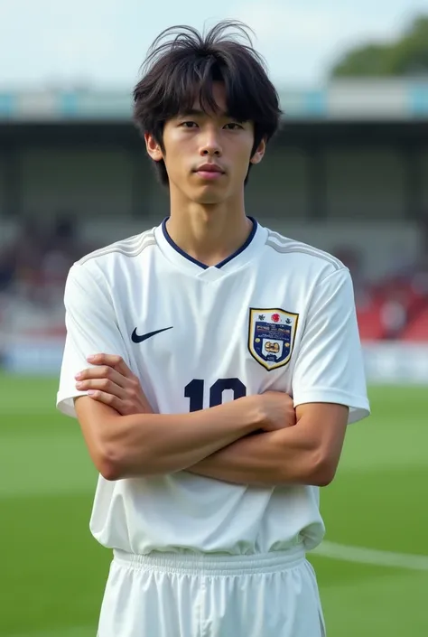 He is the real life version of Captain Tsubasa,Japanese male, 20 years old, white soccer jersey with the letter (N) on the left chest, white soccer shorts,With the number (10) on the stomach of the shirt Crossed arms pose on chest,Straight hair with spiky ...