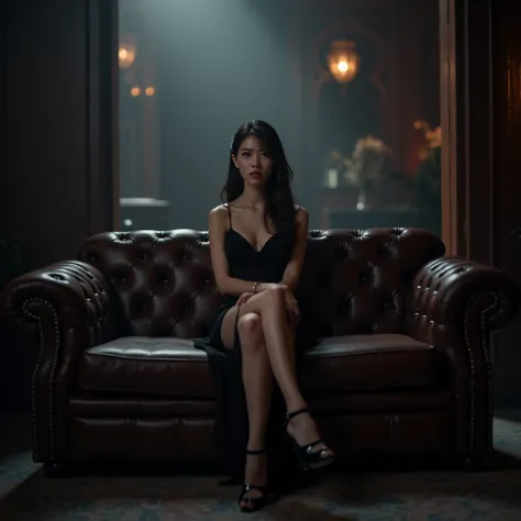 Asian woman sitting on a bar lounge classic sofa with a sleek black outfit, in a relaxed position, looking expectant, as if waiting for someone, wearing high heels, classic style, in a mystical light, viewed from a straight angle, looking slightly sad or c...