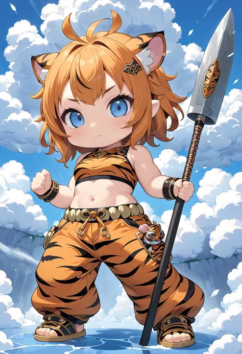 Chibi, girl of thunder hiding on cloud and observing the ground, tiny horns, tiger print crop shirt, tiger print pants, carrying metal club, fluffy clouds, clear blue background, fairy tale fantasy anime illustration art, ultra detailed, absolutely resolut...