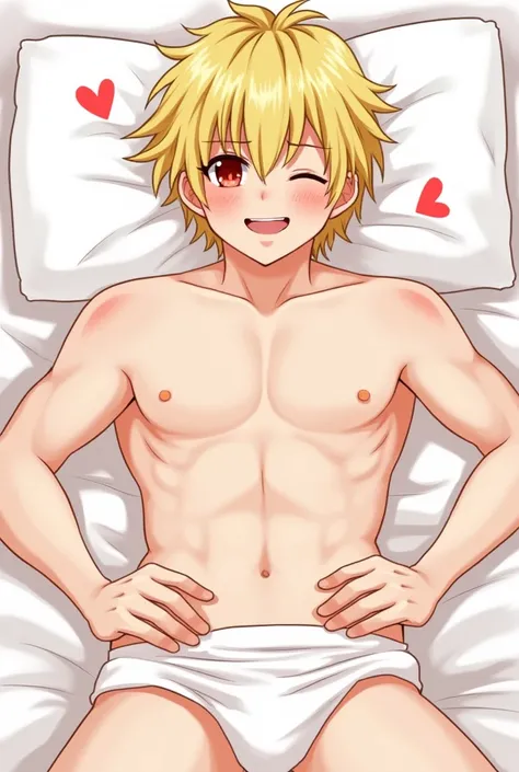 Katsuki Bakugo, Kampala, solo,  due to abdominal pain,  blush, Red eyes, Blonde, bed, toned body,Slim and muscular, abs,saliva,  drool,  rough breathing, Red face,  seductive smile, Red ears, Hearts in eyes, Fatty face, Sex,Normal position,Cover,pubic hair...