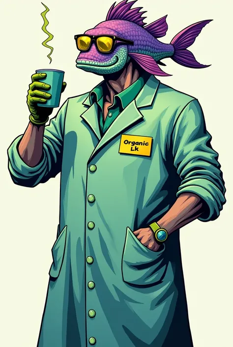 Campfish with lab gown with sunglasses in neon yellow green cup in hand without background on comic still without much detail and shadow and the fish should be purple green and he should wear a name sign with the inscription organic lk on the gown and wear...