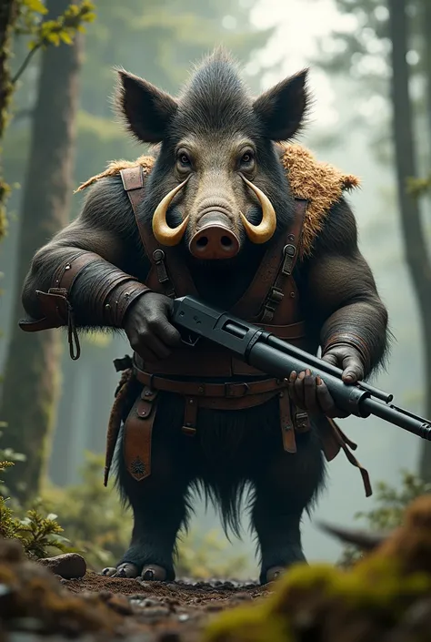 A wild boar wearing a big tusk vest holding a big, fierce, black shotgun.