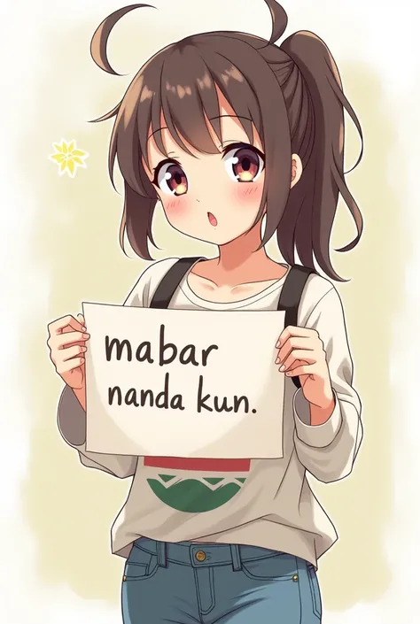  Anime chick in ASN cominfo shirt holding writing "mabar nanda kun "