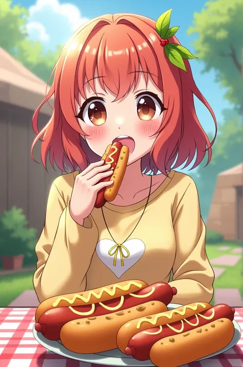 Draw an anime girl eating hot dogs 