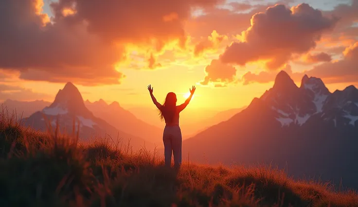 A striking image of Leah standing on a hillside, her hands lifted in praise as the sky bursts with the colors of dawn. The scene is rich with details, from the soft grass underfoot to the distant mountains, symbolizing her unshakable faith."
