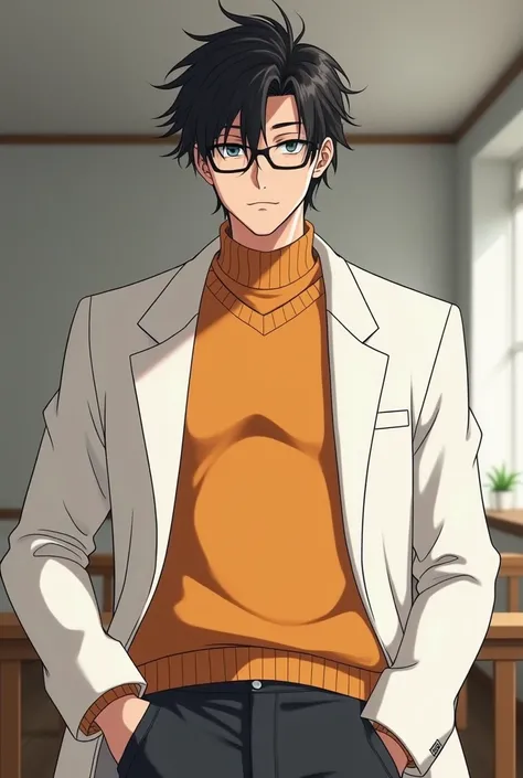 Male student wearing anime-like glasses, manly hair, white shawl, and ocher colored jumper