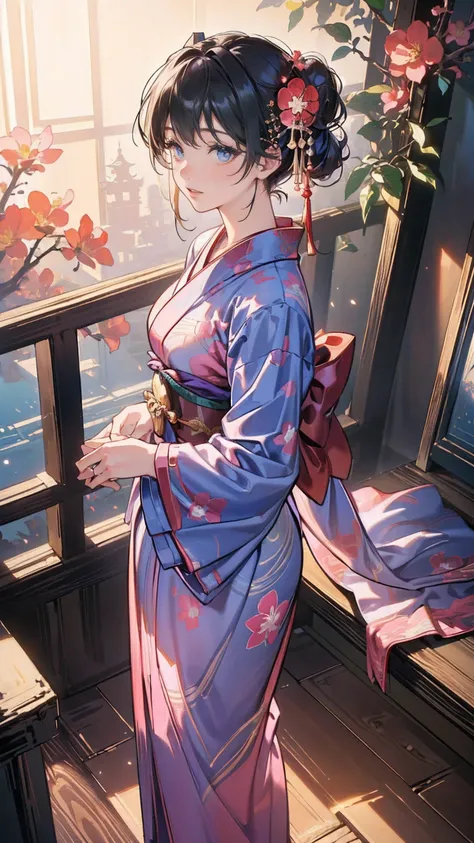 ( masterpiece : 1.2), (  very detailed: 1.2), (  very detailed CG: 1.2), (  high image quality: 1.2), (最  high image quality), 8k,  animated illustration , 、  beautiful girl 、Japanese Yukata/Japanese-style yukata/Japanese style yukata 、　 flower-patterned y...