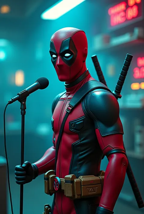 A tilt short Deadpool 

1. Subject: Deadpool --ar 1:1


2. Pose: Standing with a microphone --c 1000


3. Build: Athletic, muscular --p


4. Costume: Red and black suit --style standard


5. Accessories: Microphone, grenades --w 300


6. Expression: Mischi...