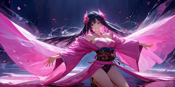 (masterpiece, best quality:1.2), 1 girl, unique, (pink Japanese Yukata with detailed imagery of sakura petals, translucent, ethereal, concept, bleeding in with background), excited, beautiful detailed glistening eyes, beautiful detailed smile, parted lips,...