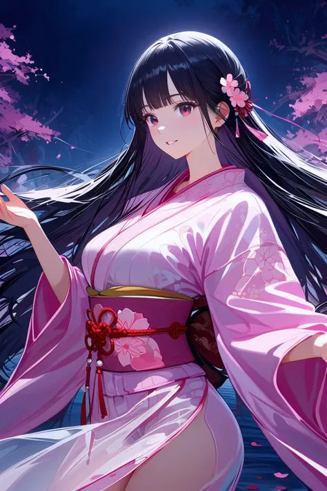 (masterpiece, best quality:1.2), 1 girl, unique, (pink Japanese Yukata with detailed imagery of sakura petals, translucent, ethereal, concept, bleeding in with background), excited, beautiful detailed glistening eyes, beautiful detailed smile, parted lips,...