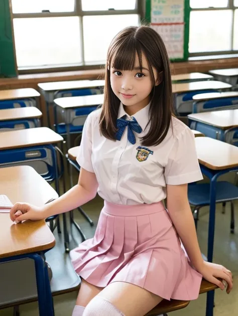 masterpiece,best quality,1 girl,｛(School uniform,white dress shirt, ties、Pink pleated skirt、 high socks、 bob hair、 cowboy shot)}、(classroom in high school,15-years-old)