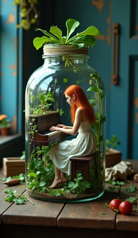 appears to be a photograph of a woman sitting at a piano inside a glass jar. The jar is placed on a wooden table with various items scattered around it. The woman has long red hair and is wearing a white dress with green leaves covering her body. She is si...