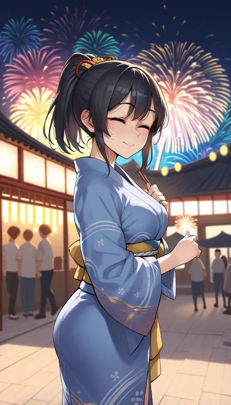 score_9, score_8_up, score_7_up, score_6_up, score_5_up, score_4_up, 1girl, closed eyes, smile, black hair, ponytail, blush, japanese yukata, blue yukata, fireworks, fireworks festival, fireworks in the sky, bokeh, blurry background, night time, scenery, 