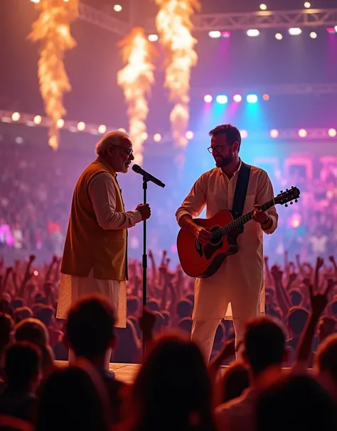 Narendra Modi ji holding a mic, addressing a massive concert crowd with Chris Martin, show them from front side angle 