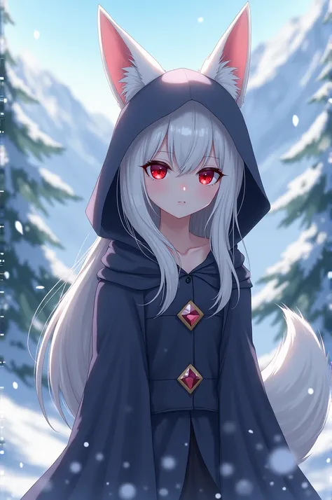 Create a white haired fox eared red eyes wearing a hood under the snow mountain anime art