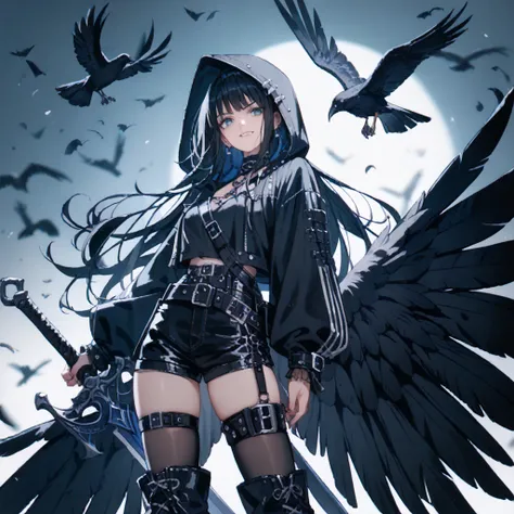 gothic　Harpy Girl 　 Girl with Crow Wings　blue_eyes　black_hair, bird foot　Belt on torso　 black hood ,Black Costume　,black bird legs,Ferocious Sword 