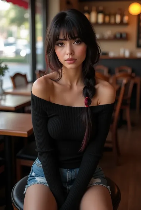 photorealism, gorgeous young Israeli woman sitting femininely in cozy cafe, looking to side, perfect face, wide eyes, thick_eyeliner, straight black hair with bangs and red highlights, hair in one braid over shoulder, black eyes, large bust, serious expres...