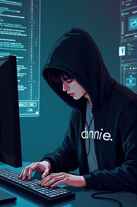 Vector illustration, Minimalist, digital vaporwave style, Beautiful detailed illustration, Handsome Korean hacker wearing a black hoodie covering his head,letters "Donnie" on the hoodie, working on a computer, T-shirt design, dramatic lighting, Trending on...