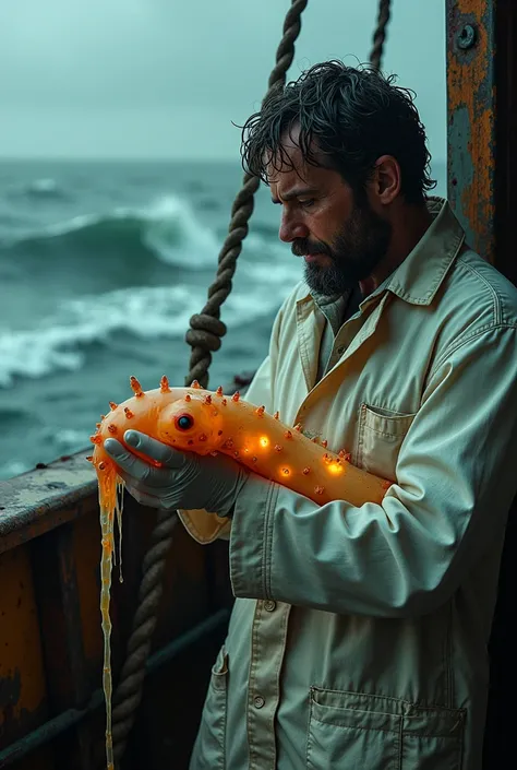 A hyper-realistic photograph of a drenched scientist aboard a weathered fishing vessel, holding a grotesque, writhing parasite-like creature with dozens of glowing, lidless eyes scattered across its translucent, slug-like body. The creature’s gelatinous fl...