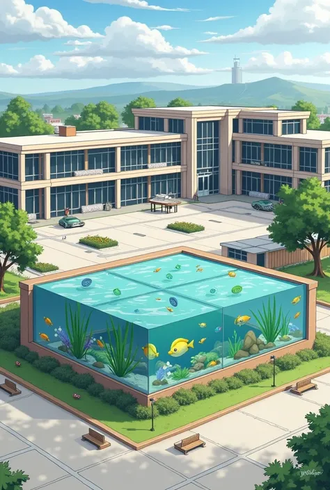 Create an image of the twenty-eighth of May school with a fish tank and a small park next to the fish tank and the parking lot 