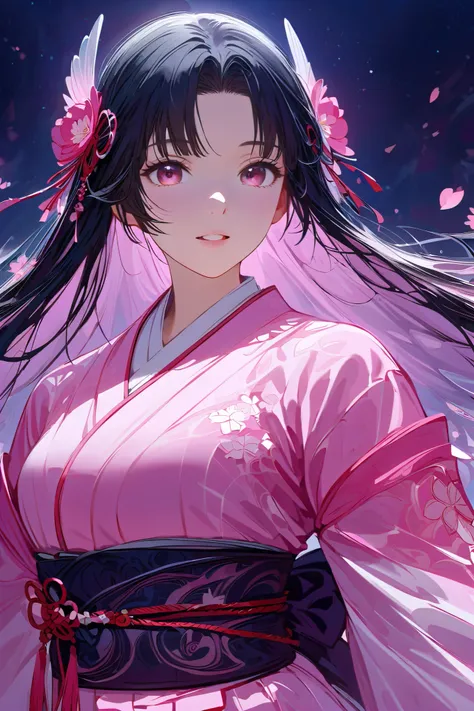 (masterpiece, best quality:1.2), 1 girl, unique, (pink Japanese Yukata with detailed imagery of sakura petals, translucent, ethereal, concept, bleeding in with background), excited, beautiful detailed glistening eyes, beautiful detailed smile, parted lips,...