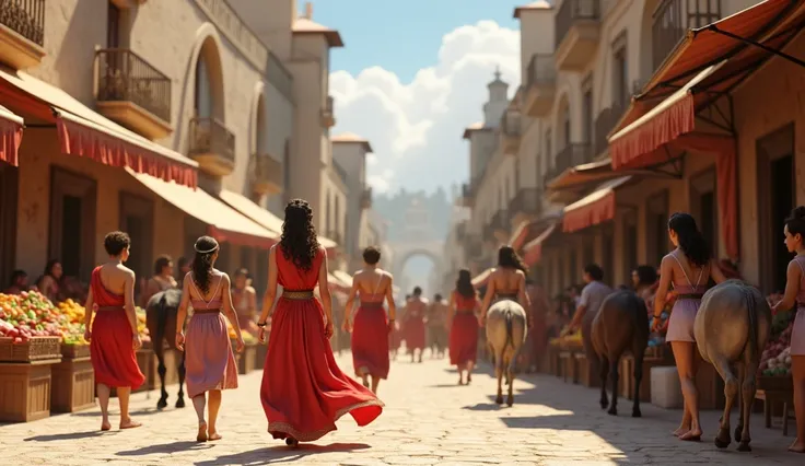 Belem, Roman province, 
city with women, ren, animals in the streets, 
scene comes to life with the magic of 3D animation