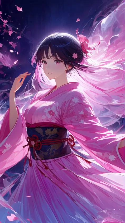 (masterpiece, best quality:1.2), 1 girl, unique, (pink Japanese Yukata with detailed imagery of sakura petals, translucent, ethereal, concept, bleeding in with background), excited, beautiful detailed glistening eyes, beautiful detailed smile, parted lips,...