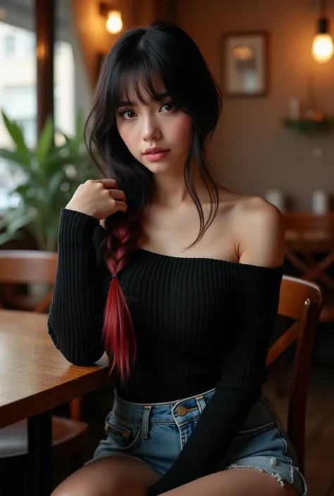 photorealism, gorgeous young Israeli woman sitting femininely in cozy cafe, looking away, perfect face, wide eyes, thick_eyeliner, straight black hair with bangs and red highlights, hair in one braid over shoulder, black eyes, large bust, serious expressio...