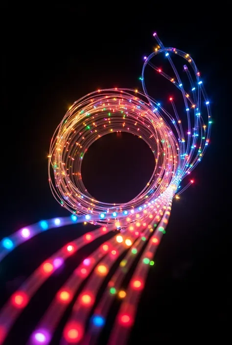  The image presents a set of vibrantly illuminated optical fibers ,  distributed in a spiral pattern on a completely black background .  The fibers emit lights in multiple colors , including red, yellow, blue, green and purple, , which generates an impress...