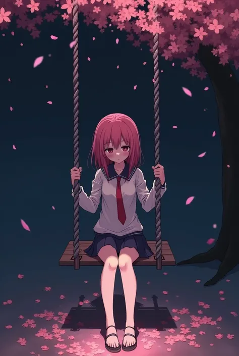 anime girl sitting on a swing in the dark with her legs crossed, yandere. tall, the anime girl is crouching, (anime girl), lolish, distorted pose, haruno sakura, gapmoe yandere, hana yata, an anime girl, young anime girl, sakura petals around her, yandere,...