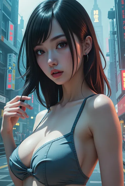 A mysterious manga heroine, alluring Asian woman, misty cityscape, neon lights, mysterious aura, striking features, beautiful detailed eyes, beautiful detailed lips, long eyelashes, intricate hairstyle, dynamic pose, (best quality,4k,8k,highres,masterpiece...