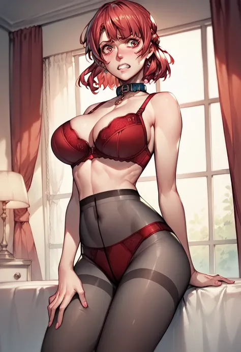 score_9,score_8_up,score_7_up, 1 girl,_,Red Hair, red eyes, braided , short hair,Alone, Big Breasts , hotel , Embarrassing , your hand on your thigh where you clenched your teeth, pantyhose, is shy,Teieri anri ,Imperial Collar Henri, red underwear, red bra