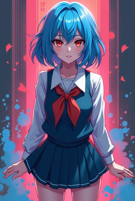   smile with a small text  ( Evangelion ),  Evangelion  (Hideaki),  caustics,  high res illustration ,  red eyes,  feminine, No pupil,  blue hair,   short hair, Japanese School Uniform,  loafers, Spank, Synthwave, paint Splashs,  Shaded Flat Illustration ,...