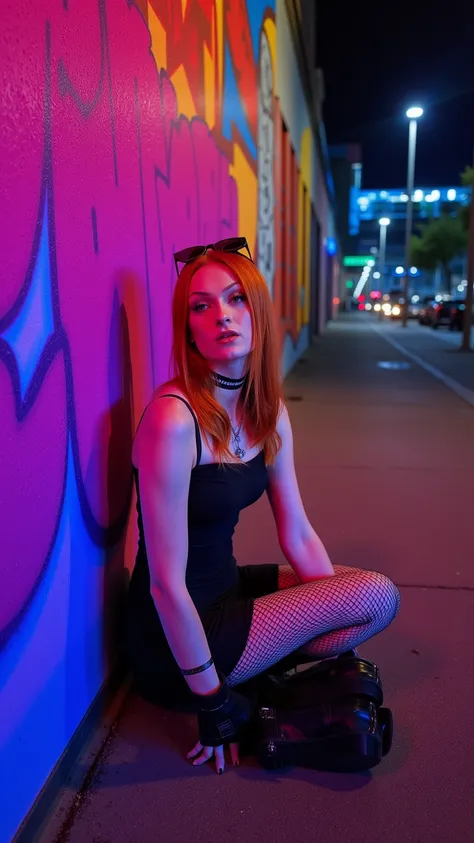 A high-resolution, cinematic photo captures a captivating e-girl scene at night. A young adult Caucasian woman with striking green eyes and long, possibly dyed red hair sits posed against a vibrant graffiti wall. She wears a slip dress, accentuated by fish...