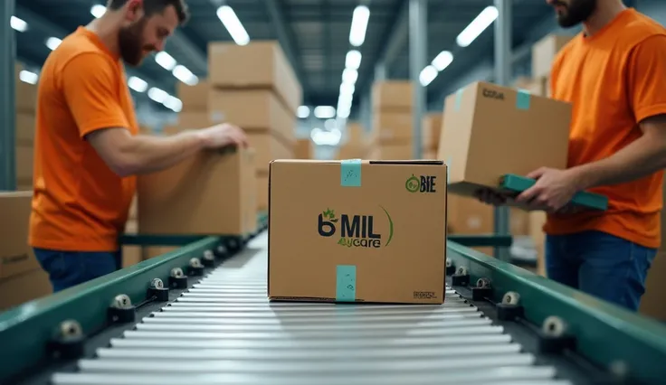 A distribution center where custom mailer boxes are being prepared for shipment. Workers are sealing branded boxes with tape, while others load them onto a conveyor belt for sorting. The boxes feature eco-friendly icons and clear branding