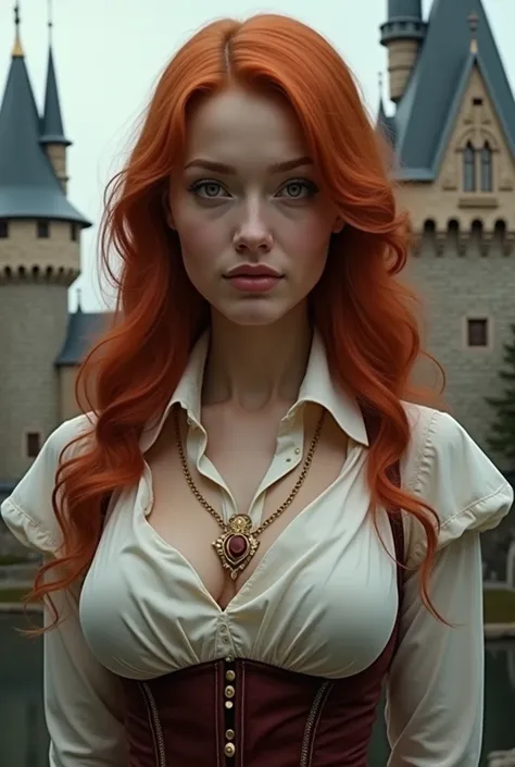 (best quality:1) , (masterpiece:1), (ultra detailed:1), red hair, ( realism, photorealism, looking at viewer:1.2), arms behind back, upper body,  medium breasts, (standard outfit, shirt, corset:1.2), scenery, castle background,