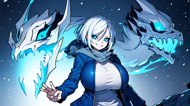 Sans Blue Jacket Black Shirt Fire Eyes Skull Smile Long Lashes White Short Hair Luminous Face Blue Dragon Skull Cannon One Person Standing In Snow Town Femininefull Super huge big breasts breast enlargement