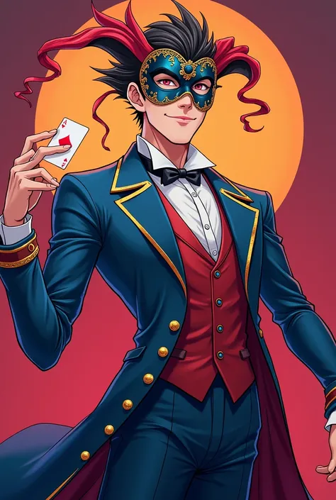 A vibrant, vivid, 2D anime-style male character, torso only, dressed in a classic magicians outfit. He wears an ornate masquerade mask and holds a playing card in one hand, arms outstretched in a dynamic pose. His eyes are sharp and serpentine, yet a smile...