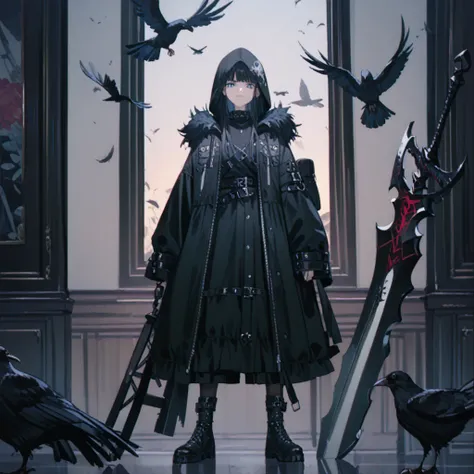 gothic　Harpy Girl 　 Girl with Crow Wings　blue_eyes　black_hair, bird foot　Belt on torso　 black hood ,Black Costume　,black bird legs,Vicious Sword, TV Anime Picture Format,TV Anime Screenshot 