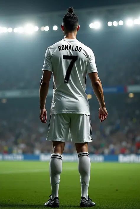 Cristiano Ronald whole body on the football pitch. wearing a black and white jersey Real MAdrid with number 7