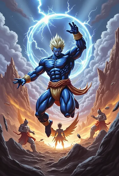 a powerful saiyan warrior jumping from a flying dragon onto the battlefield, facing a towering blue deity, (best quality,4k,8k,highres,masterpiece:1.2),ultra-detailed,(realistic,photorealistic,photo-realistic:1.37),fantasy,epic,dramatic lighting,highly det...